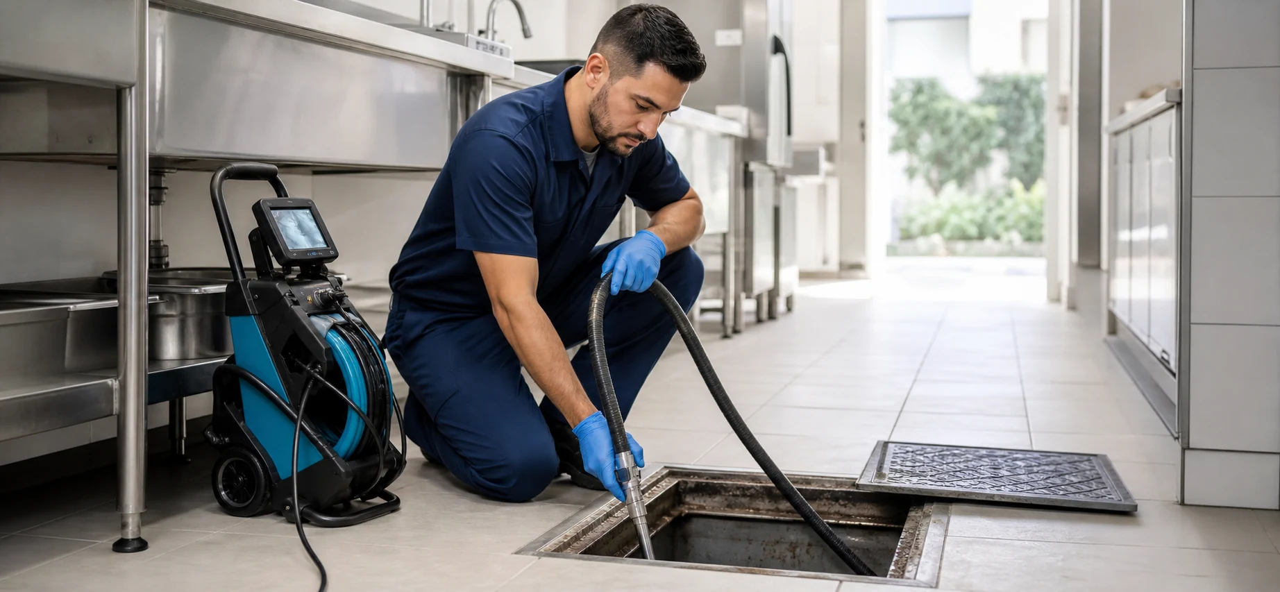 Técnico trabalhando em um ambiente real de limpeza de caixa de gordura