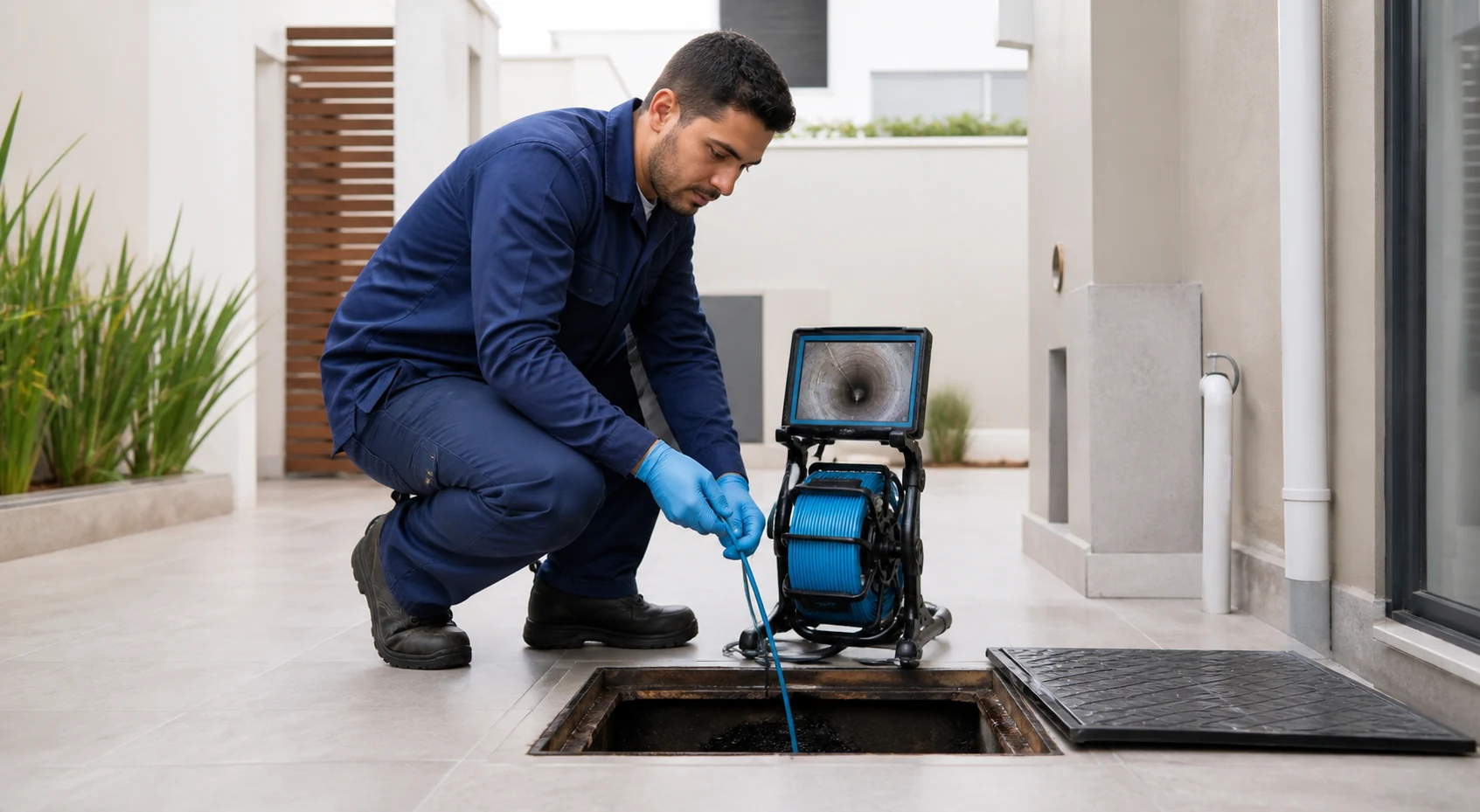 Técnico trabalhando em um ambiente real de desentupimento de esgoto
