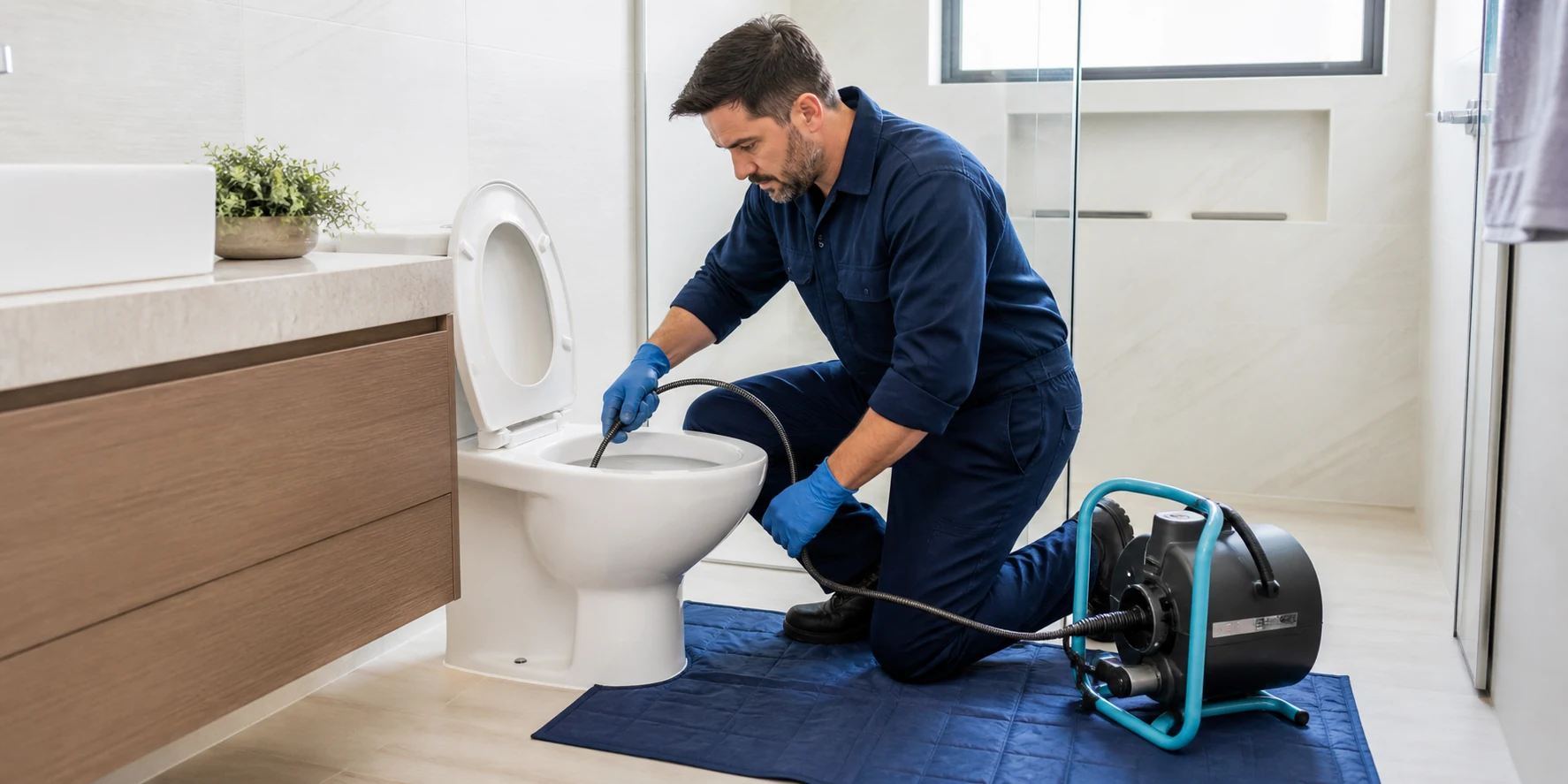 Técnico trabalhando em um ambiente real de desentupimento de vaso sanitário