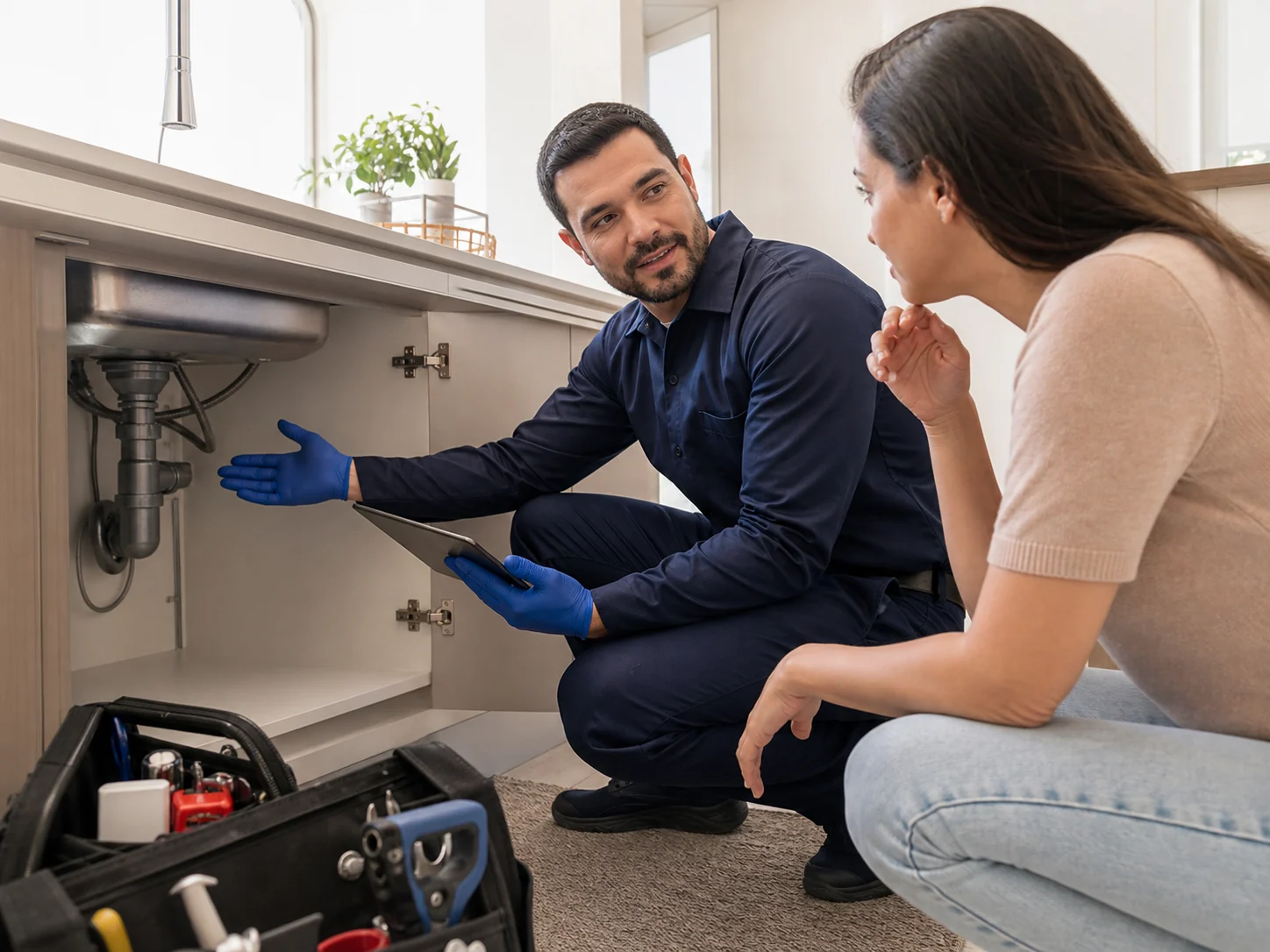 Técnico da Modalclean orientando uma cliente durante uma inspeção residencial