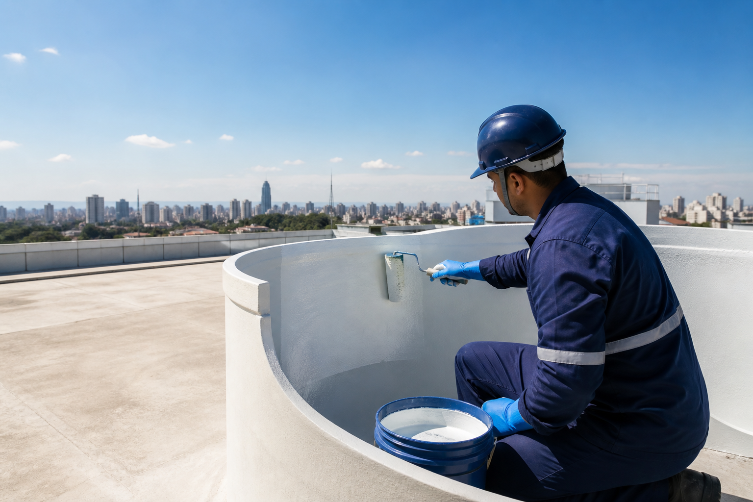 Técnico aplicando revestimento impermeabilizante no interior de uma caixa d’água