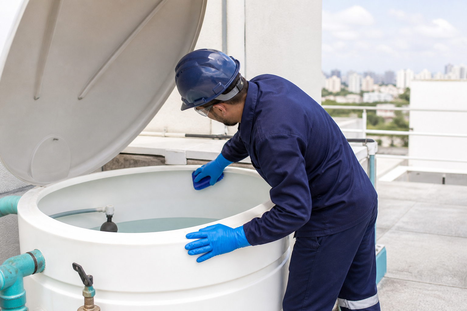 Técnico realizando limpeza profissional de uma caixa d’água